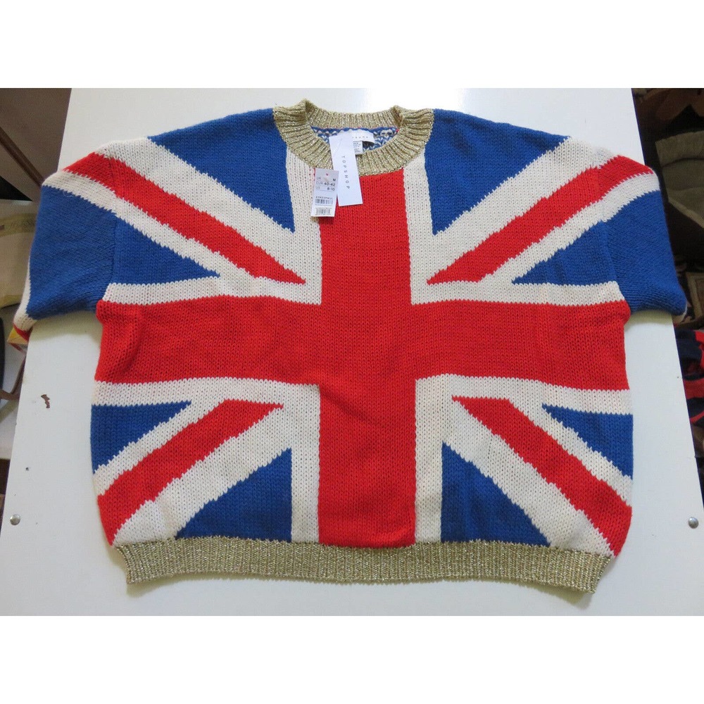 Topshop Union Jack Flag Sweater Gold Metallic Trim Red White Blue Size M NEW - Picture 2 of 15